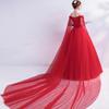 Bride Married Banquet Red Evening Dress Boat Neck Cape Lace Flower Long Prom Party Formal Gown