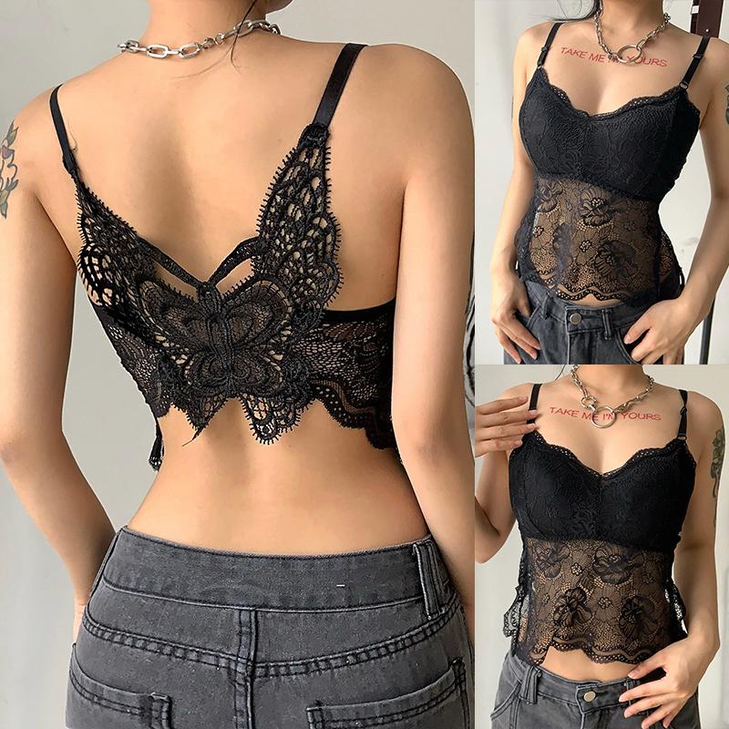 Gothic Black Mesh Butterfly Cropped Tank Top Lace Vest Tops Backless Sexy