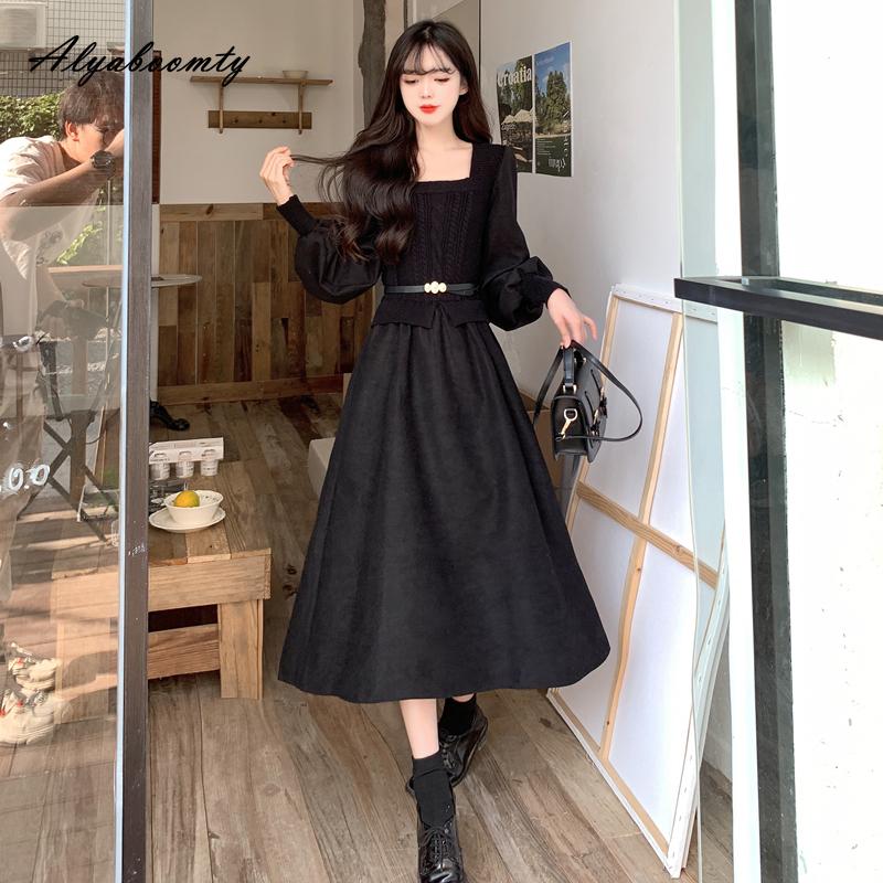 Корейский стиль Осень Зима Женское миди-платье Квадратный вырез Вязаный пэчворк Повседневное свободное платье с поясом Элегантное женственное винтажное платье