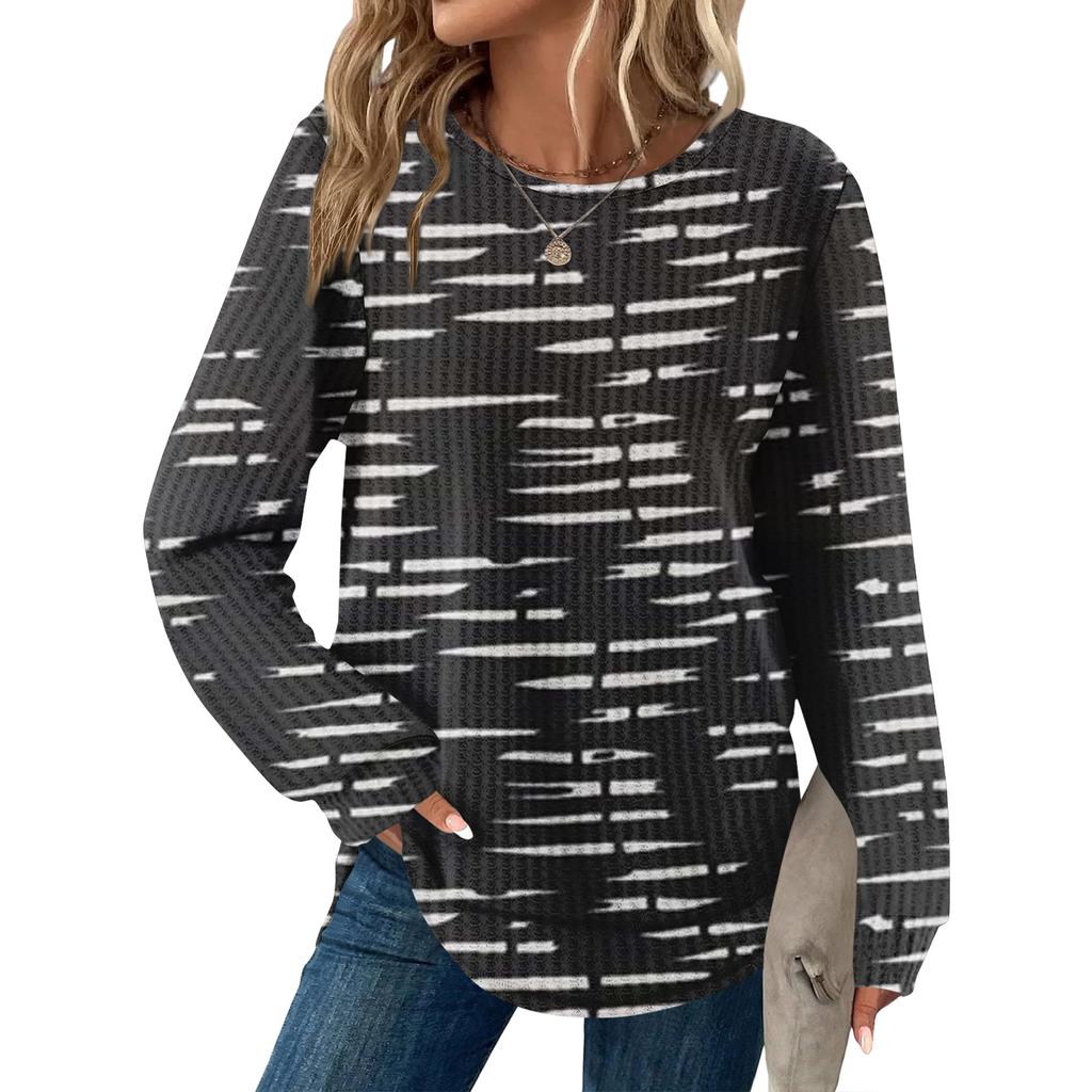 Women's Striped Print Round Neck Long Sleeve Loose Casual Top