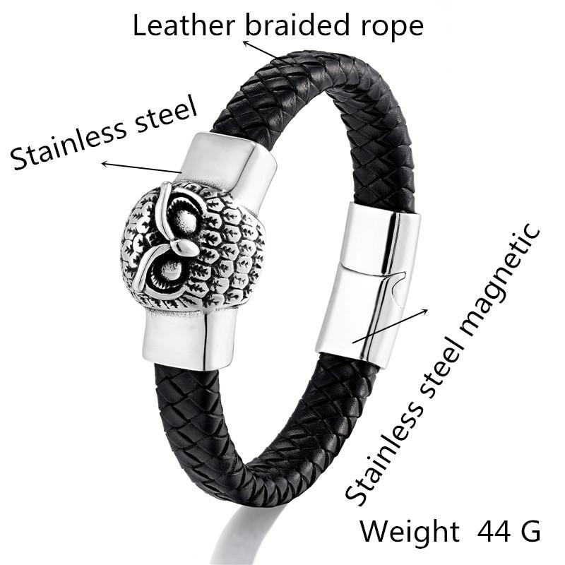 Европейский и американский ретро-браслет из нержавеющей стали со слоном и совой, черный плетеный браслет из натуральной кожи