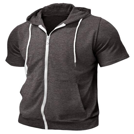 Мужская футболка с капюшоном на молнии, летняя футболка с коротким рукавом, однотонная футболка с полной молнией и карманами для повседневных занятий спортом, уличного спорта, спортзала