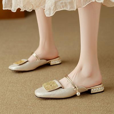 Модные женские новые летние туфли-мюли Baotou большого размера из натуральной кожи с квадратным носком и принтом из коровьей кожи с инкрустацией бриллиантами, на низком каблуке