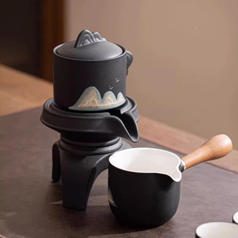 High-end black pottery lazy automatic tea set Yuanshan Kung Fu tea set ceramic household tea cup teapot gift box