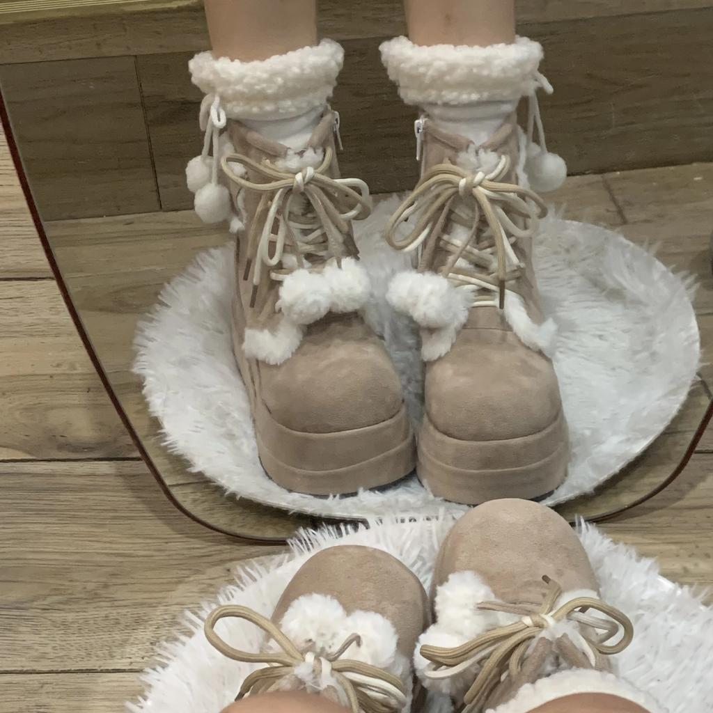 Модный оригинальный дизайн Лолита Женские зимние сапоги для снега Милые меховые помпоны Флисовые теплые короткие сапоги Девушки Хаки Черные ботильоны