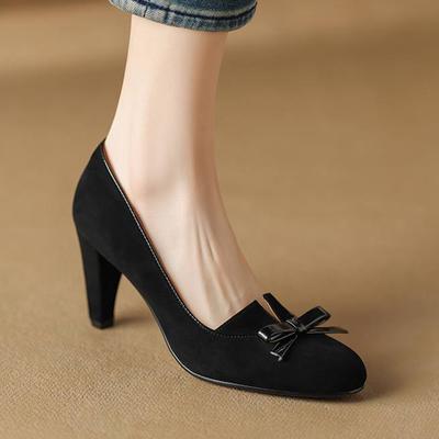 Туфли из овечьей замши с круглым носком на высоком каблуке, весенне-летние туфли с узлом-бабочкой, винтажные женские туфли-лодочки