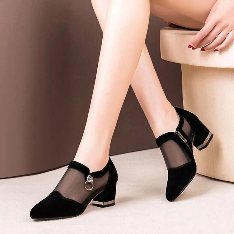 Fashion Women Shoes Sexy Black Hollow Mesh Pointed Heels Female Elegant Flower Shaped Rhinestone Ornament Footwear Ladies 35-43