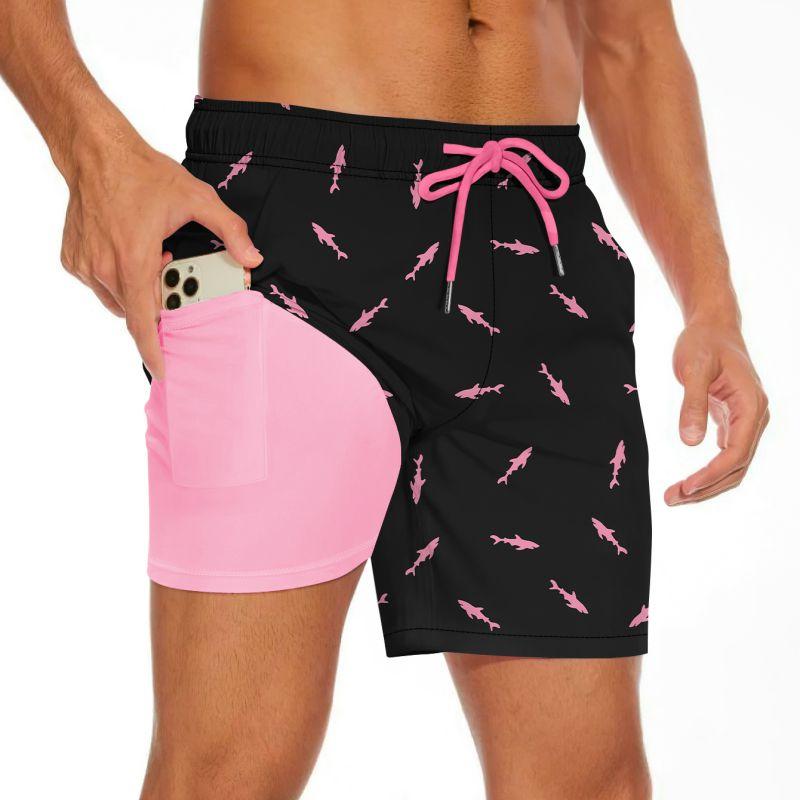 Men's Summer Double-layered Shorts Drawstring Swim Trunks Beach Printed Swim Pants with Pocket