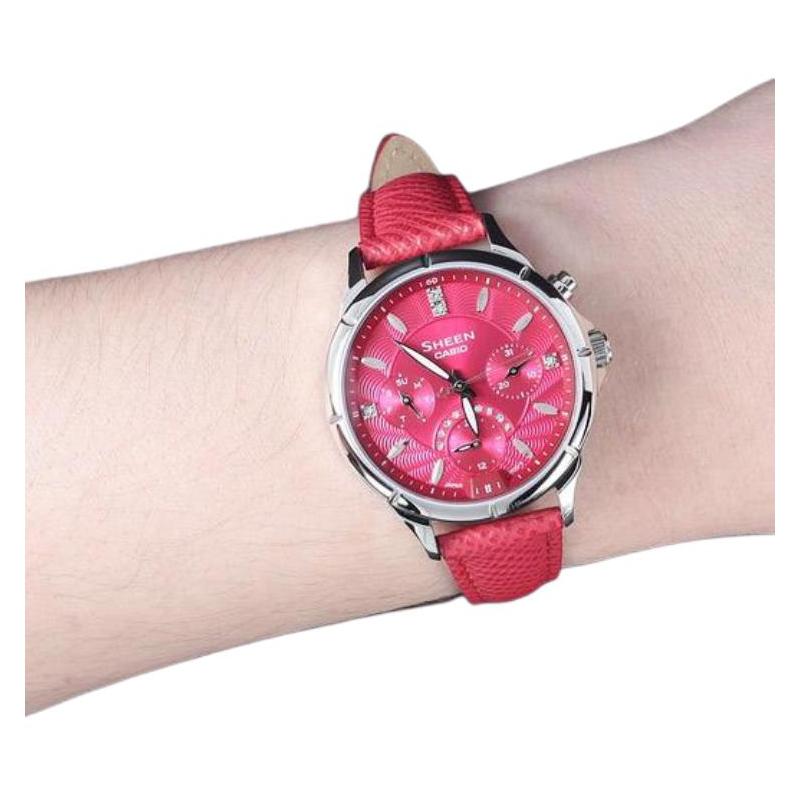 Casio Серия CASIOSHEEN водонепроницаемый кварцевый механизм кожаный ремешок японские и корейские часы женские часы красный циферблат SHE-3047L-4A