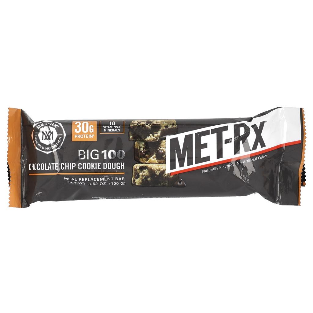 MET-Rx Big 100, Meal Replacement Bar, Chocolate Chip Cookie Dough, 9 Bars, 3.52 Oz (100 G) Each