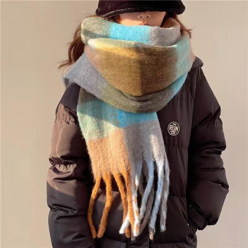 Autumn and Winter New European and American Ac Plaid Scarf Women's Fashion Contrasting Color Warm Couple Student Scarf Thickened Shawl