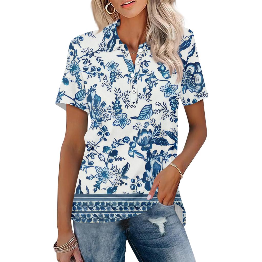 Женская мода с коротким рукавом и принтом на пуговицах