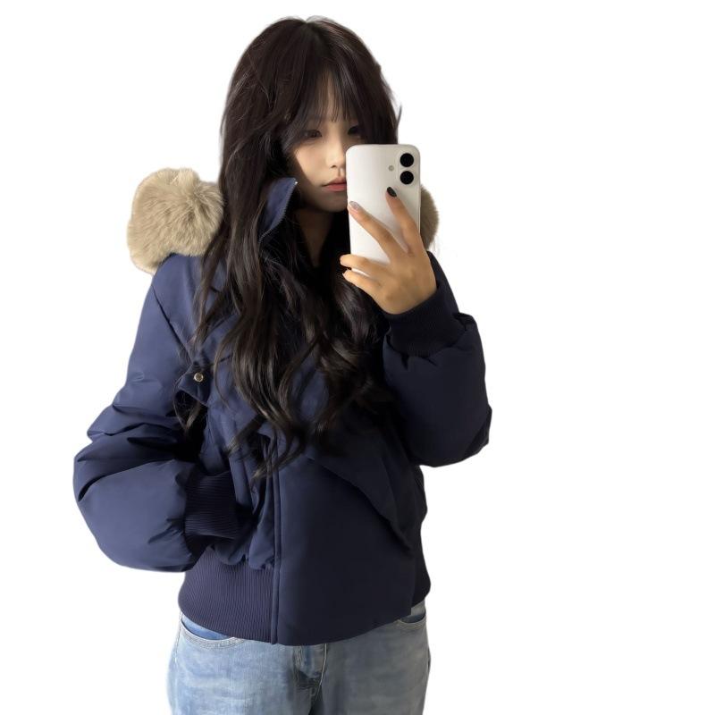 Short hooded women's padded jacket, new winter big fur collar thickened down padded jacket tide