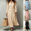 2026 Long Sleeve Dress Women Solid Color A-Line Maxi Single-Breasted Casual Vacation Wear