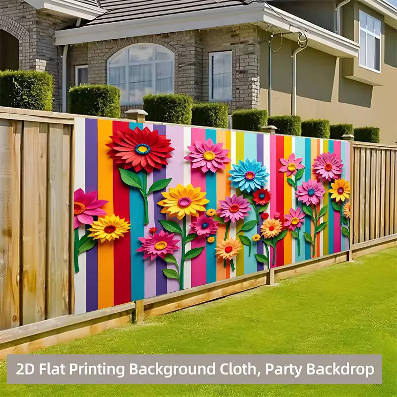2D Rainbow Stripes and Paper Art Flowers Background Cloth Photo Booth Prop