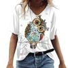 Women's V-Neck Short Sleeve Tilted Owl Printed Tops Loose T-Shirt Casual Blouse