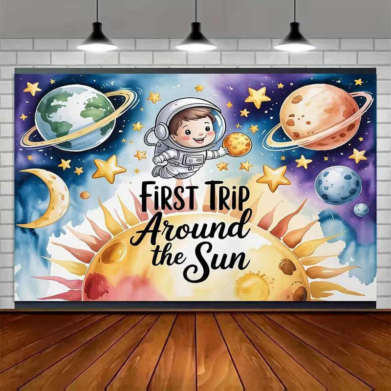 2D Watercolor Astronaut Planets Baby Boy 1st Birthday Photography Background