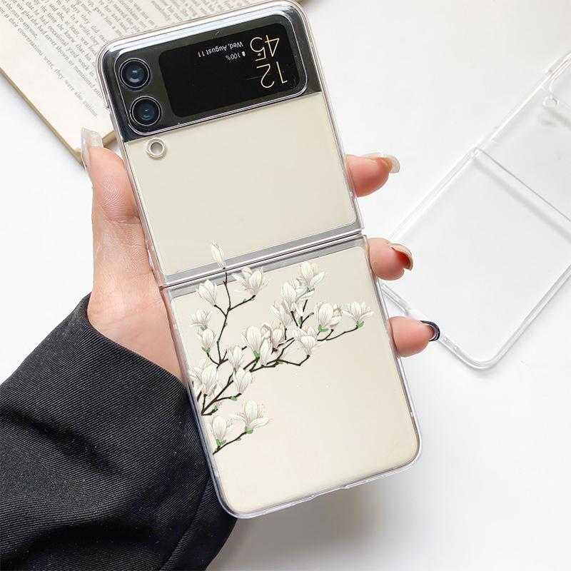 Модный Чехол с Цветами для Samsung Galaxy Z Flip 3 4 5 6 7 Жесткий Складной Z Flip4 Прозрачная PC Крышка Защита Подарок