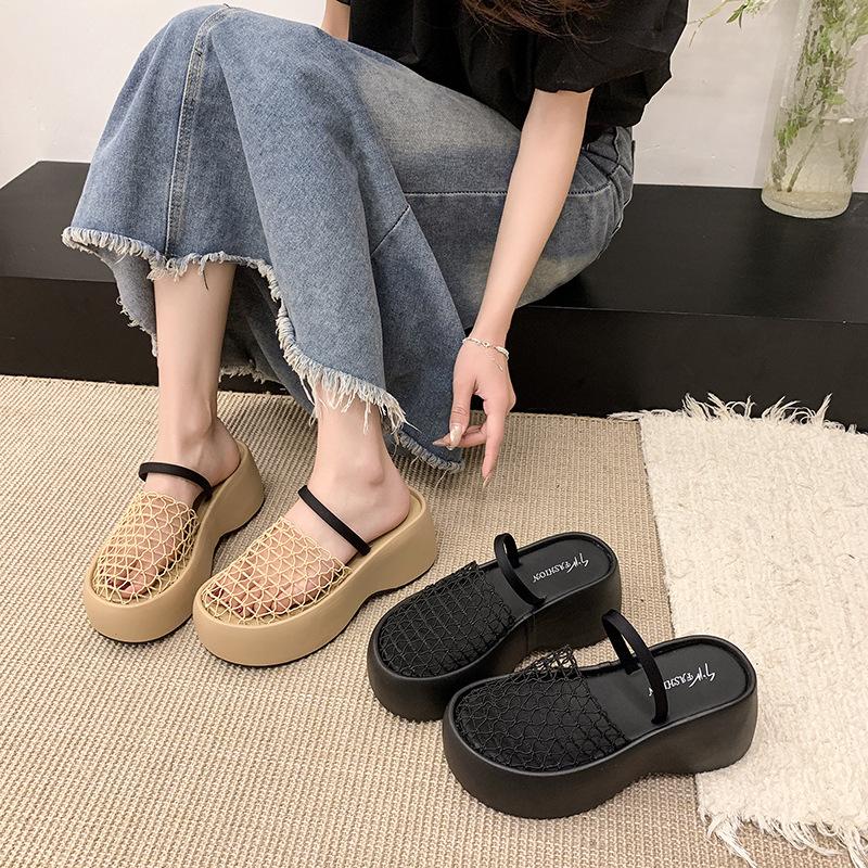 Ретро сетчатая ажурная сумка голова крутые тапочки женская летняя обувь на толстой подошве танкетка высокий каблук отпуск слово с крутыми тапочками