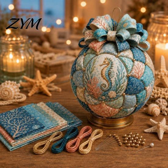 Creative Gift for Craft Lovers Ocean Treasures DIY Patchwork Ball Ornament Kit, Nautical Dolphin Fabric Making Marine Themed Handmade Decoration Set,