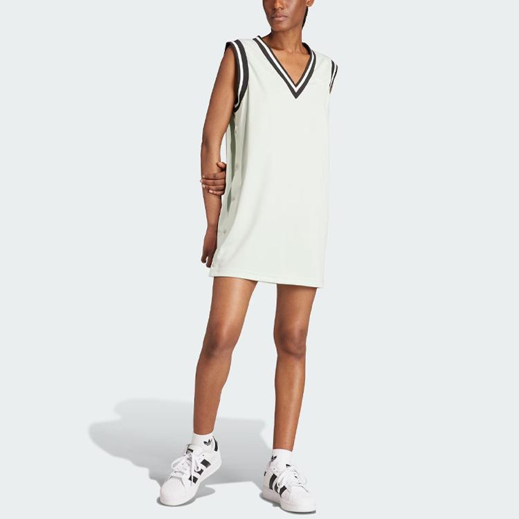 Adidas Оригинальное нейтральное платье Adibreak в полоску с цветными блоками, спортивное платье без рукавов с V-образным вырезом, женские платья льняного цвета, зеленый IS5263