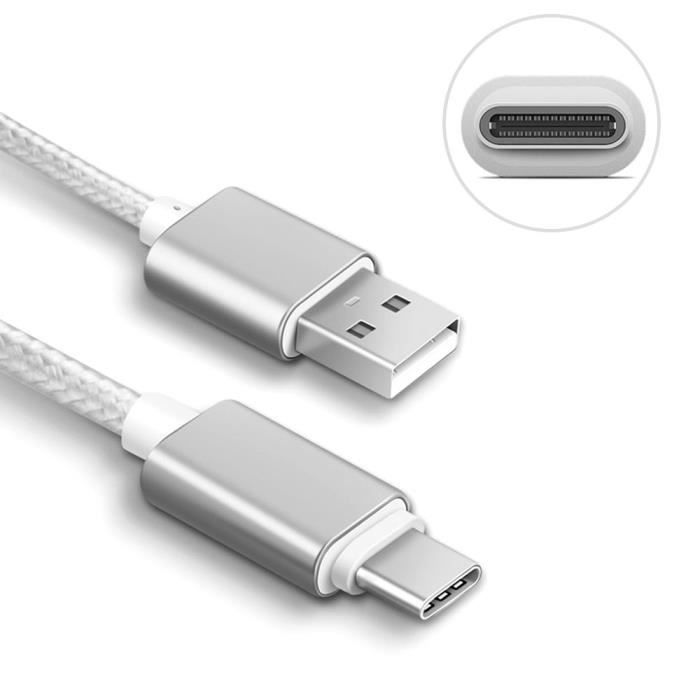 USB Type C Cable - Samsung - Galaxy S8 S8Plus S9 S9Plus S10 - 2M - Silver Nylon