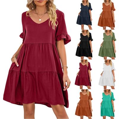 Женские повседневные модные летние платья с V-образным вырезом, однотонные платья с коротким рукавом и складками