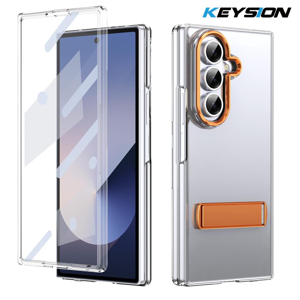 KEYSION Прозрачный чехол для Samsung Galaxy Z Fold 7 Жесткий ПК Металлическая подставка Противоударная крышка для телефона со стеклянной защитной пленкой для экрана
