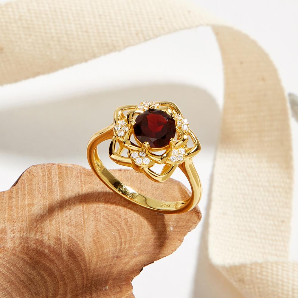 925 Sterling Silver Jewelry Set Flower Design Yellow Clasp Earring Ring Natural Red Garnet Gemstones Fine Jewelry for Women Girls Gift