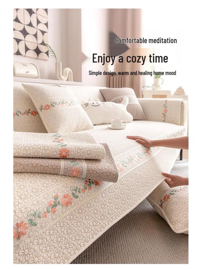 Han Подушка на диван из чистого хлопка с нескользящим покрытием, Пасторальный кремовый стиль, Универсальный чехол на сиденье для четырех сезонов