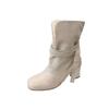 Niche design bow strap thick heel heightening short boots women's new round head two wear medium tube fashion boots