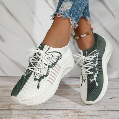 Женские кроссовки с принтом бабочек, спортивная обувь, модные трикотажные сетчатые кроссовки с мягкой толстой подошвой для ходьбы, бега и бега