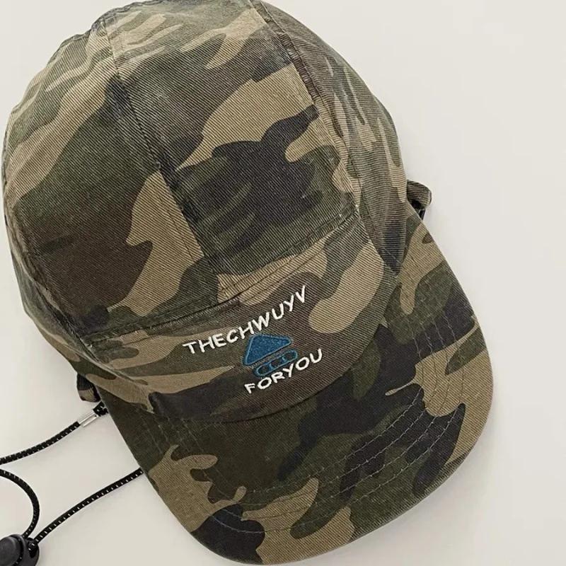 Outdoor Trendy Brand Drawstring Camouflage Flat-brimmed Baseball Cap Showing Face Small Street Casual Versatile Letter Sun Hat