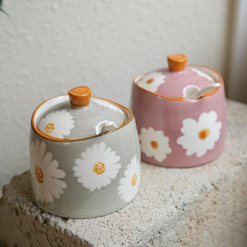 3pcs Ceramic Seasoning Jar, Hand Drawn Pattern Kitchen Seasoning Box, Sugar Jar Salt, Household Chili Oil Jar