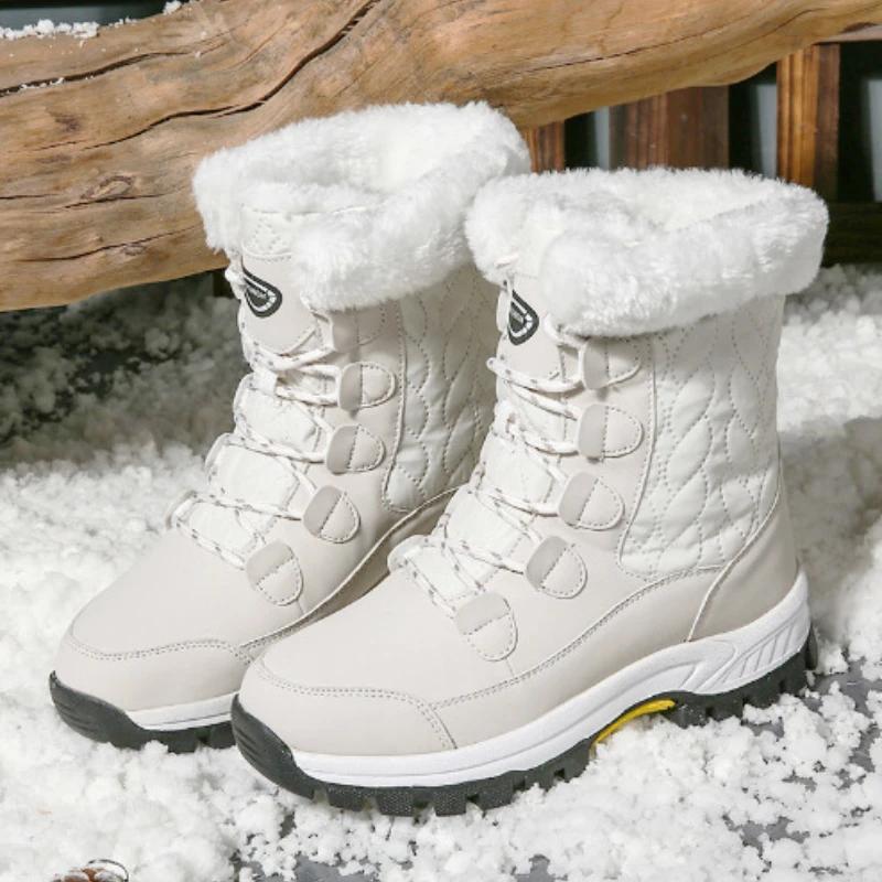 Fashion Warm Women's Boots Plush Outdoor Female Snow Boots Plus Sized Non-slip Mid-caslf Boots Lace-up Women Cotton Shoes Winter Zapatos