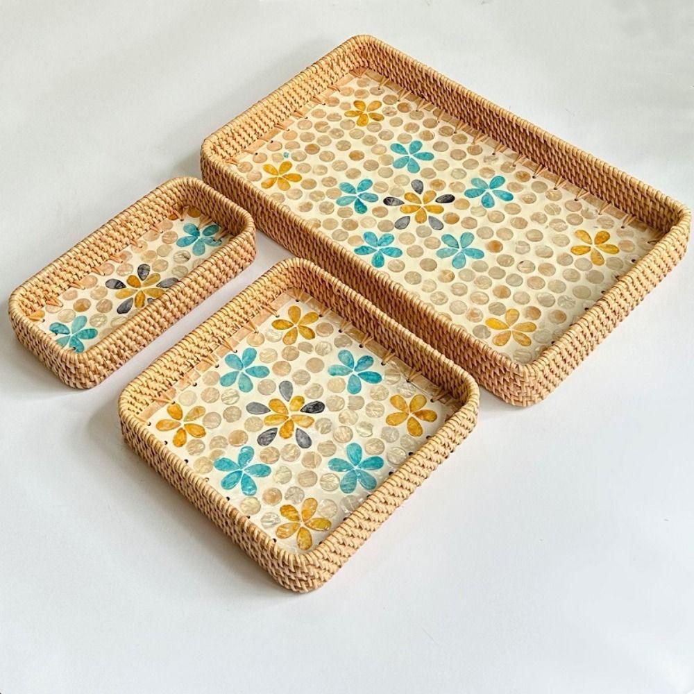 Hand Woven Rattan Shell Tray Rattan Weaving Bread Baskets Tray Living Room