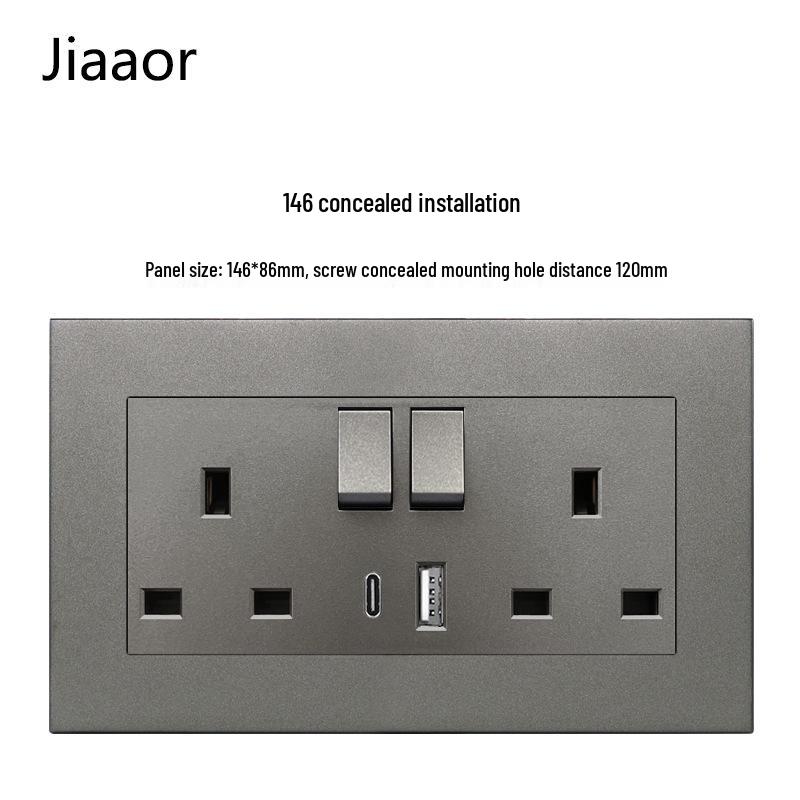 Серый британский стандарт двойная розетка с выключателем с USB и Type C - совместимая с Гонконгом/Макао, скрытого типа 86