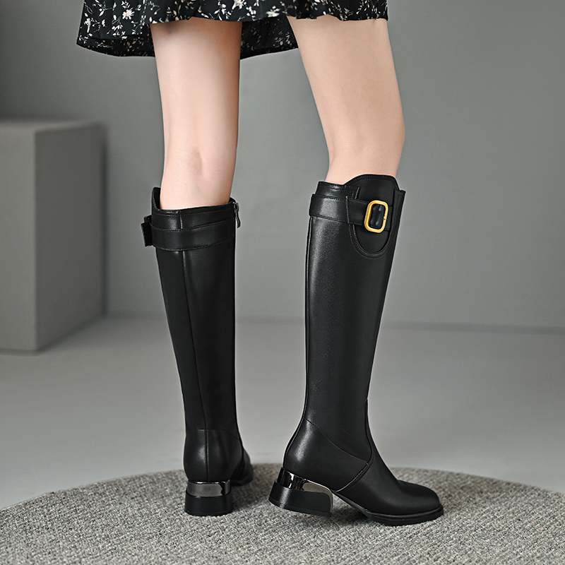 Krazing Pot Осенне-зимняя обувь из коровьей кожи на толстом среднем каблуке, большой размер 45, размер 44, размер 46, металлические пряжки, женские теплые сапоги до колена