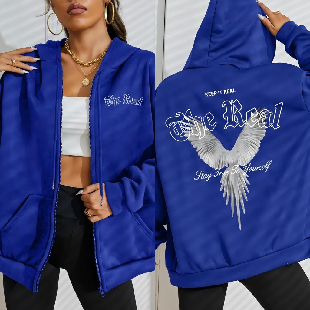 Keep It The Real Wings Creative Printing Zipper Hoodie Women Autumn Loose Hoody Casual Fleece Sportswear Clothing
