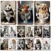 Funny Bathroom Humorous Animal Wall Decor Bear Dog Tiger Sitting On Toilet Reading Poster Art Metal Tin Sign Plaque Toilet,Home