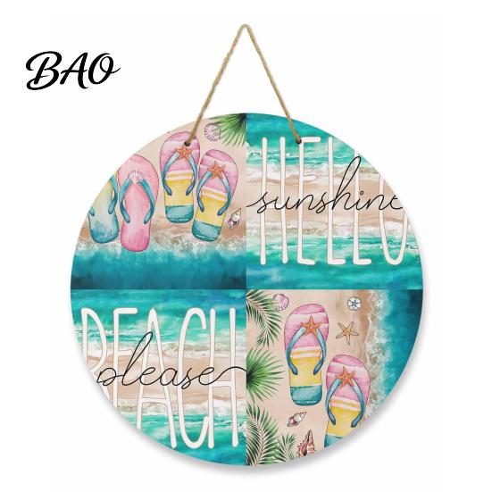 Natural Hemp Rope Sign Round Wooden Door Hanger, Watercolor Beach Welcome Sign, Hello Sunshine Farmhouse Porch Please Wall Plaque for Summer