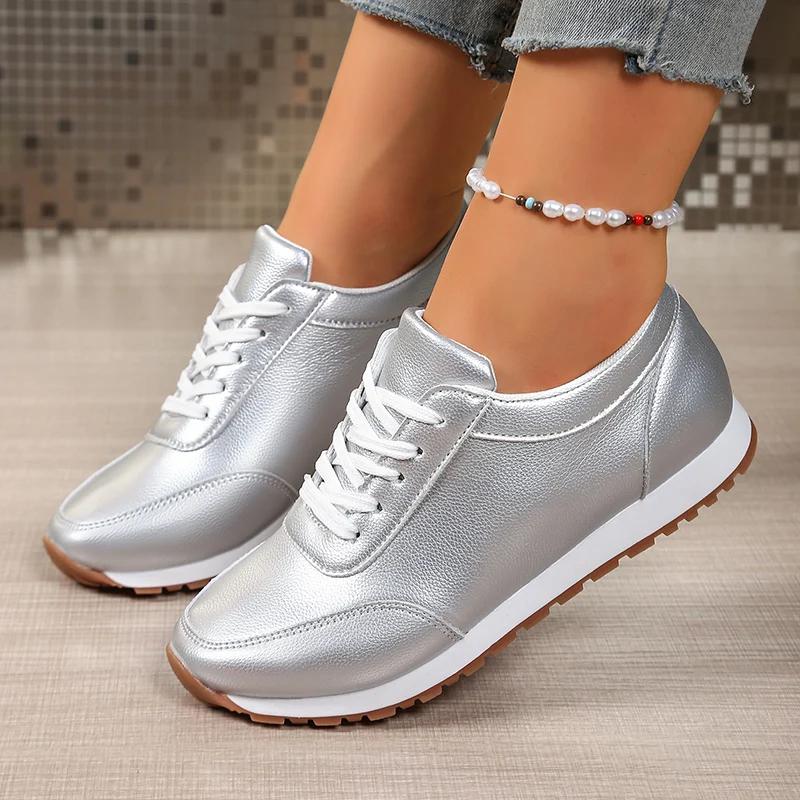 Silver Platform Sneakers Woman Spring Autumn Casual Leather Sneakers For Women Lace Up Comfort Slip-on Sports Shoes Ladies