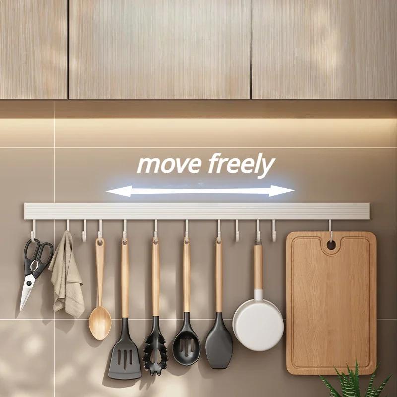 20/30/40/50cm White Kitchen Hook Holder No Punch Wall Hanging Rod Space Aluminum Row Hook Spatula Spoon Shovel Storage Rack
