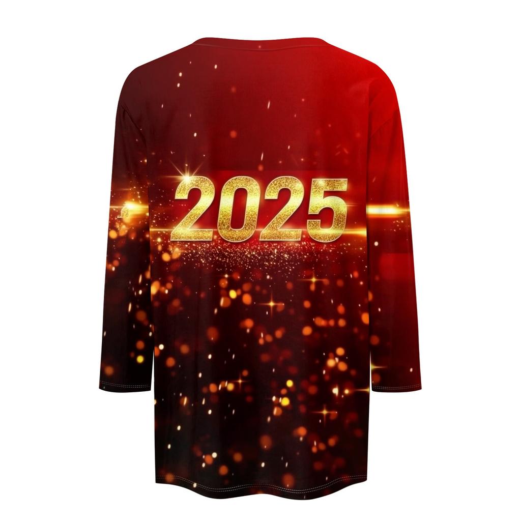 Women's Fashion Casual Three-quarter Sleeve New Year Printed Round Neck Top New Year 2025