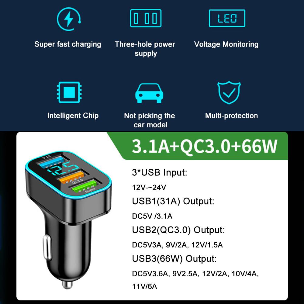 3 порта 66 Вт супер быстрое автомобильное зарядное устройство USB быстрая зарядка 3.0 телефон зарядное устройство адаптер для iPhone 14 13 12 Xiaomi Samsung