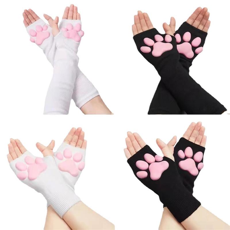 3D Cat Paw Three-Dimensional Meat Pad Gloves Cute Cat Paw Print Exposed Finger Girl Plush Knitted Warm Accessories