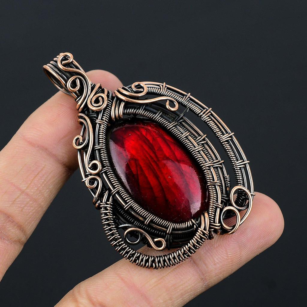 Red Flash Labradorite Pendant, 999 Copper Wire Wrapped Jewelry, Gemstone Jewelry Pendant, Handmade Wedding Gift Jewelry