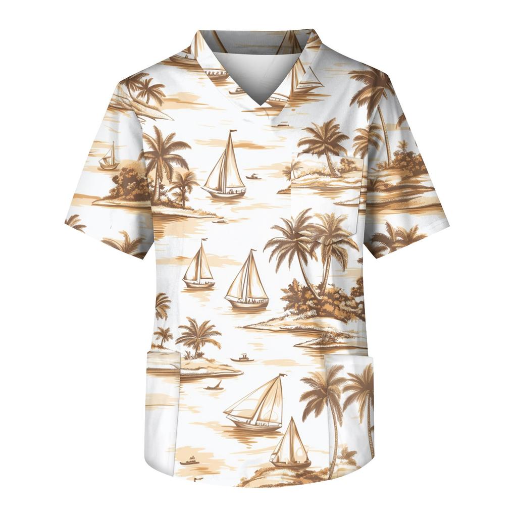 Men's Short Sleeve V-Neck Print Chest Pocket Care Top