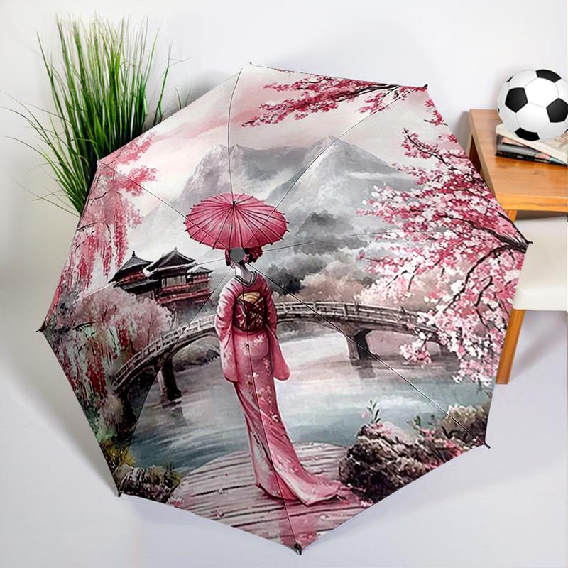 Japanese Sakura Geisha Umbrella Automatic Open/close, Sturdy Iron Frame & 8-Rib Struct, Umbrella for Women & Men, Christmas Gift
