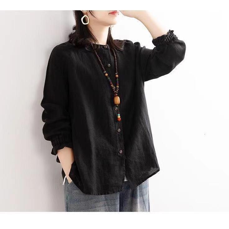 Ретро 2024 Весна/Осень женская рубашка из хлопка и льна свободного кроя с круглым вырезом и закрытыми рукавами